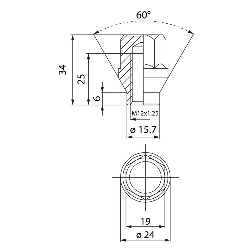 Veržlė M12x1.25 34mm H19, įleidžiama 6mm