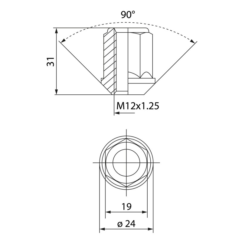 Veržlė M12x1.25 31mm H19, 90° konusu